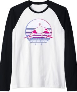 Killer Whale Orca Sea Ocean Retro Vintage Sunset Grid Gift Raglan Baseball Tee