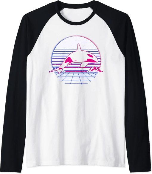 Killer Whale Orca Sea Ocean Retro Vintage Sunset Grid Gift Raglan Baseball Tee