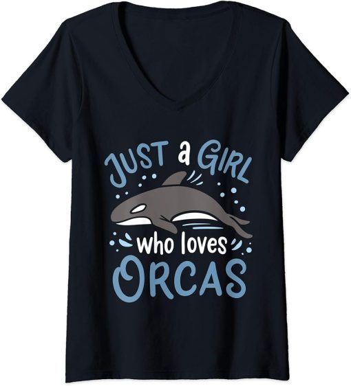 Womens Orca Just a Girl Who Loves Orcas Gift for Orca Whale Lovers V-Neck T-Shirt