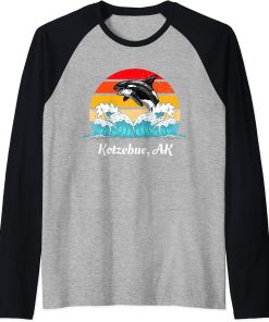 Vintage Kotzebue AK Distressed Orca Killer Whale Art Raglan Baseball Tee