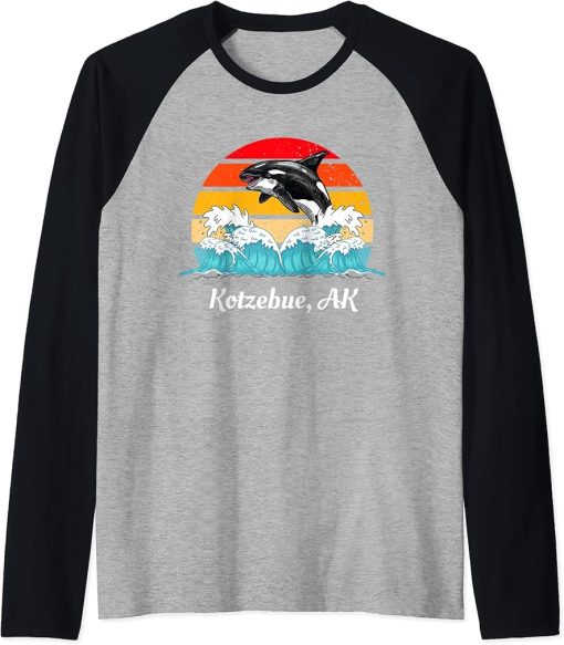 Vintage Kotzebue AK Distressed Orca Killer Whale Art Raglan Baseball Tee