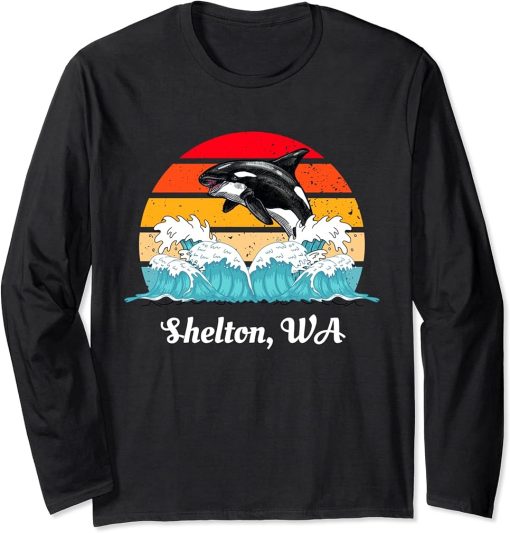 Vintage Shelton WA Distressed Orca Killer Whale Art Long Sleeve T-Shirt